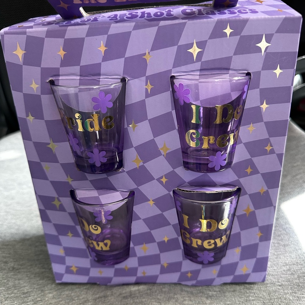 ✨ Bachelorette “I Do Crew”💍 Purple Shot Glass Set – 4 Glasses – Bridal Party Fun